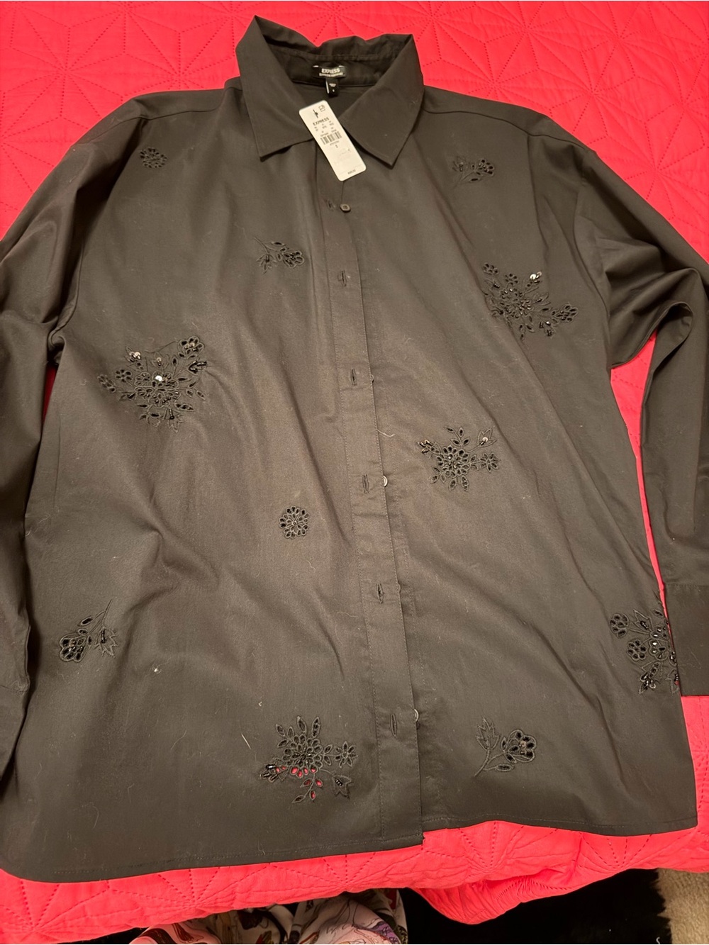 Express Black Embroidered Button-Down Shirt